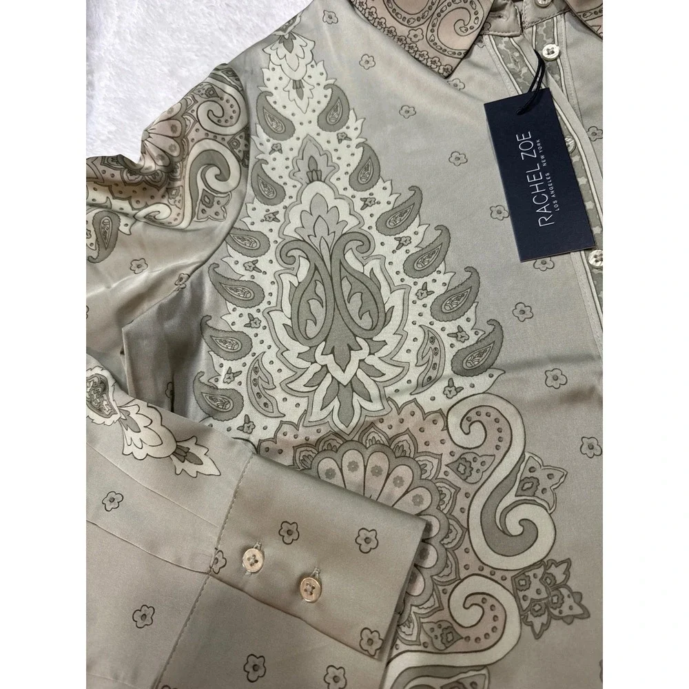 Rachel Zoe Paisley Button Down Blouse Womens Small Sage Green NWT Long Sleeve - Picture 4 of 5